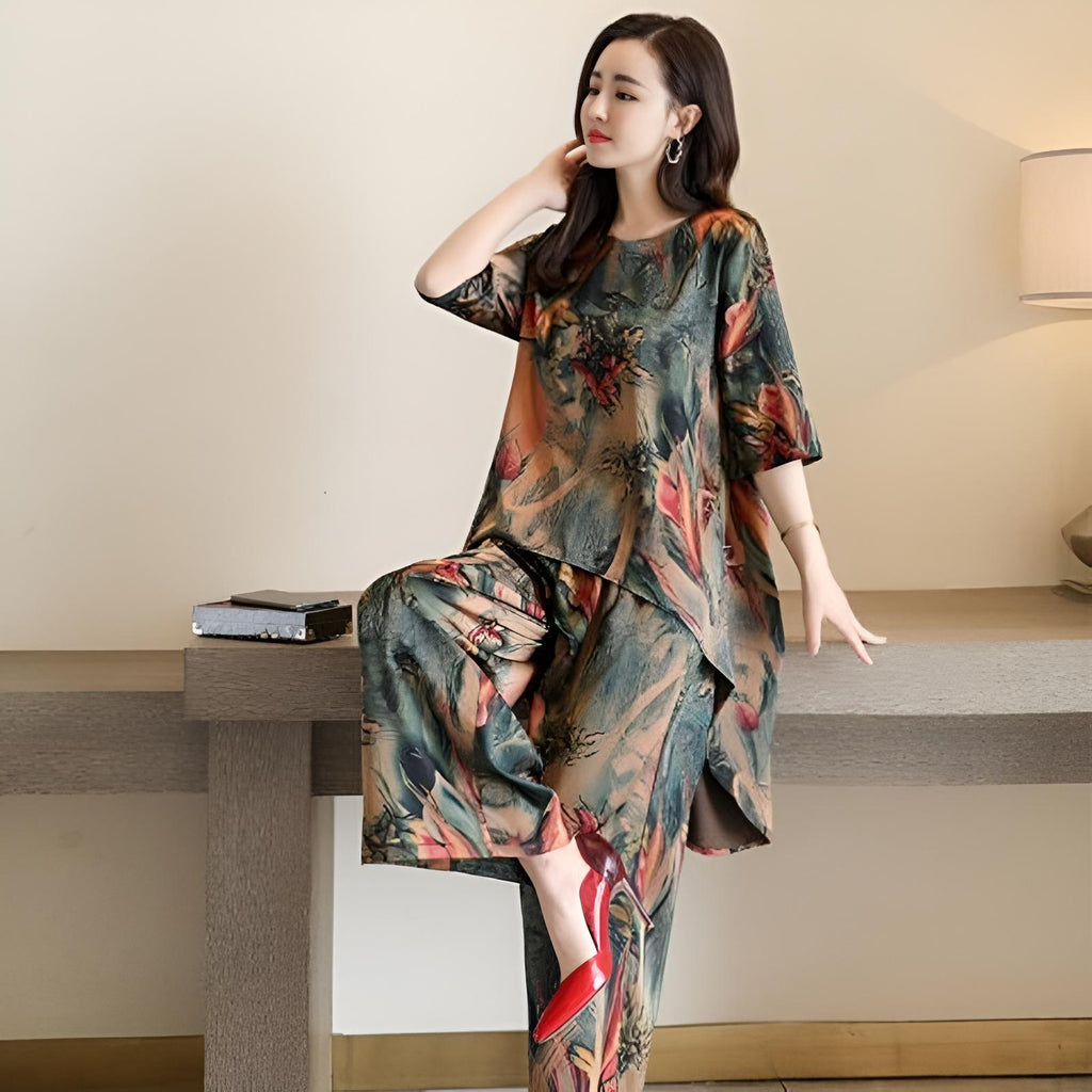 2026 Summer Loose Short Sleeve Suit Women's Retro Print Two-Piece Set Fashion Wide Leg Pants Women's Clothing limited edition