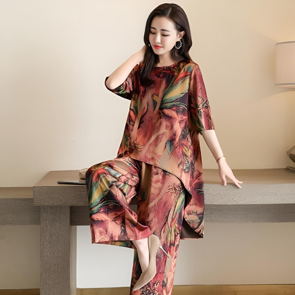 2026 Summer Loose Short Sleeve Suit Women's Retro Print Two-Piece Set Fashion Wide Leg Pants Women's Clothing limited edition