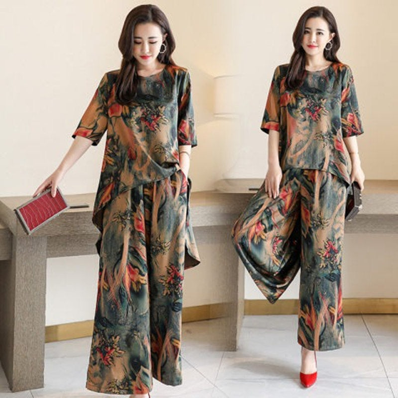 2026 Summer Loose Short Sleeve Suit Women's Retro Print Two-Piece Set Fashion Wide Leg Pants Women's Clothing limited edition